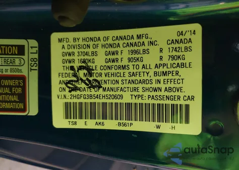 2014 Honda Civic Lx из США, поврежденный, VIN 2HGFG3B54EH520609